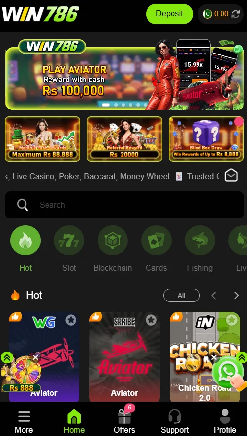 interface of win786 game after login