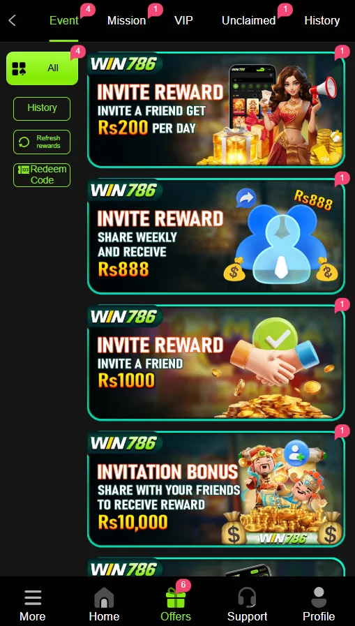 rewards and bonuses of win786 game