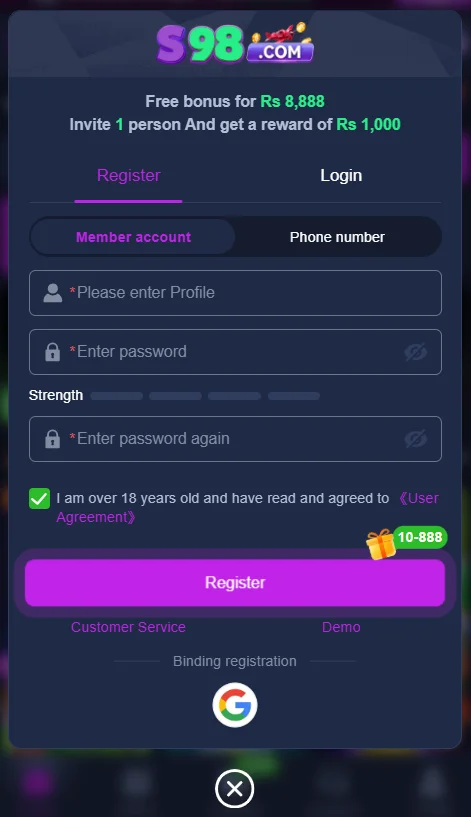 s98 game sin up interface