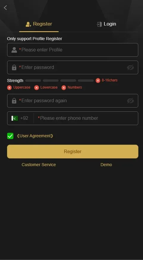Sign up screen of 87p game