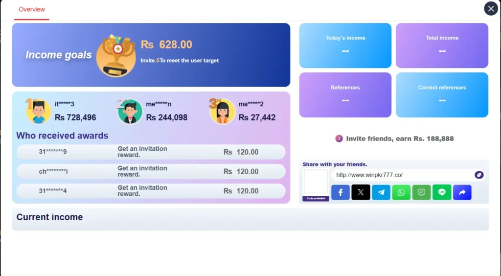 WinPkr777 Game dashboard with gaming categories