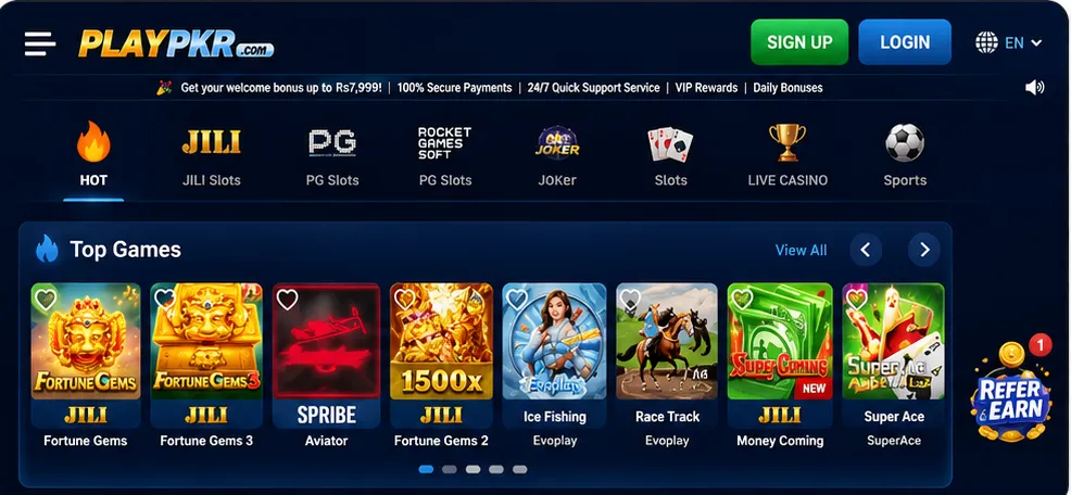 PLAYPKR Game APK home screen showing welcome bonus, top games, rewards, and Android gaming dashboard