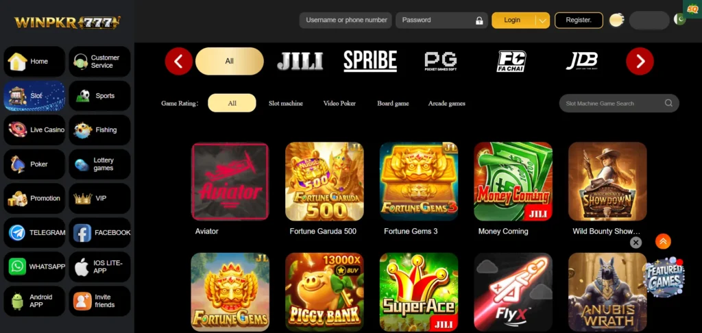 WinPkr777 Game dashboard with gaming categories