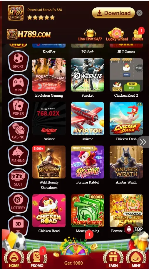 H789 online game dashboard and user interface