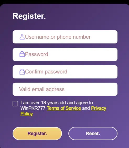 WinPkr777 Game dashboard with gaming categories