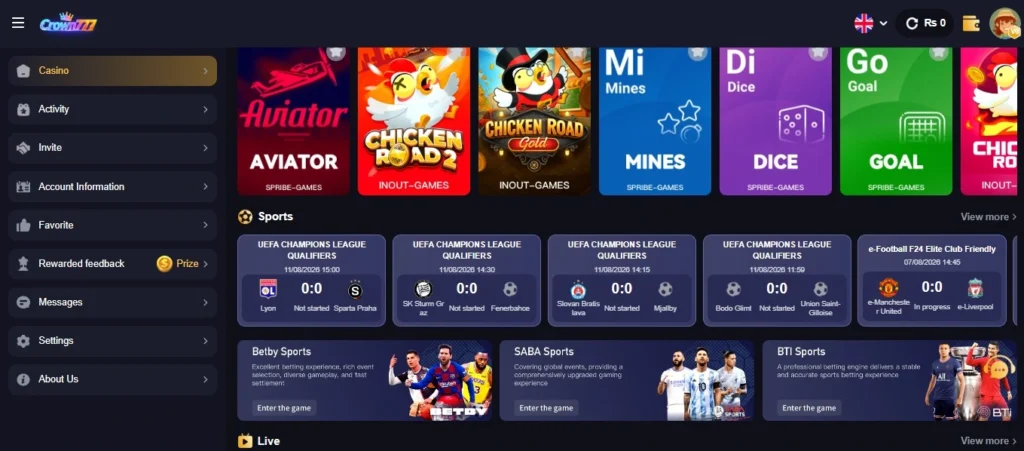 Crown777 Game Home Screen