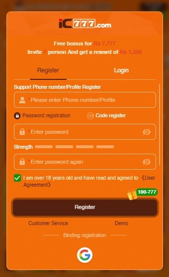 iC777 Game registration screen with account signup form