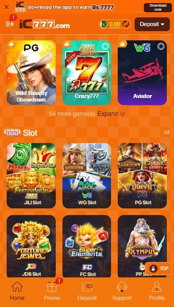 iC777 Game home screen showing slot games and Aviator