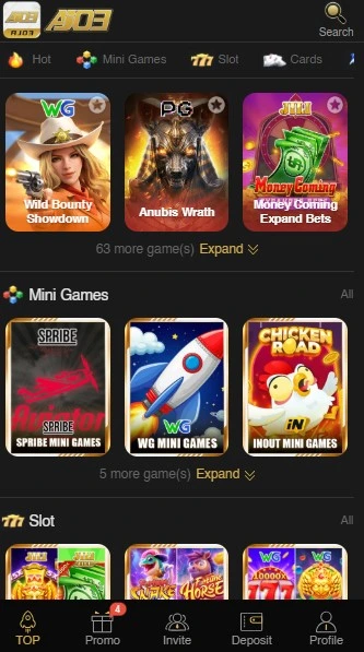 slot, mini games, and card game categories