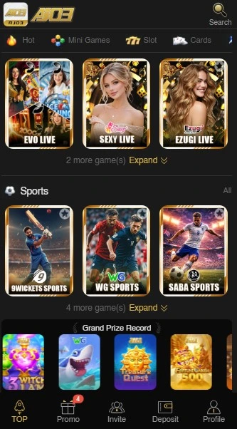 AJ03 Game home screen displaying promotional offers, slot games, sports, and gaming categories